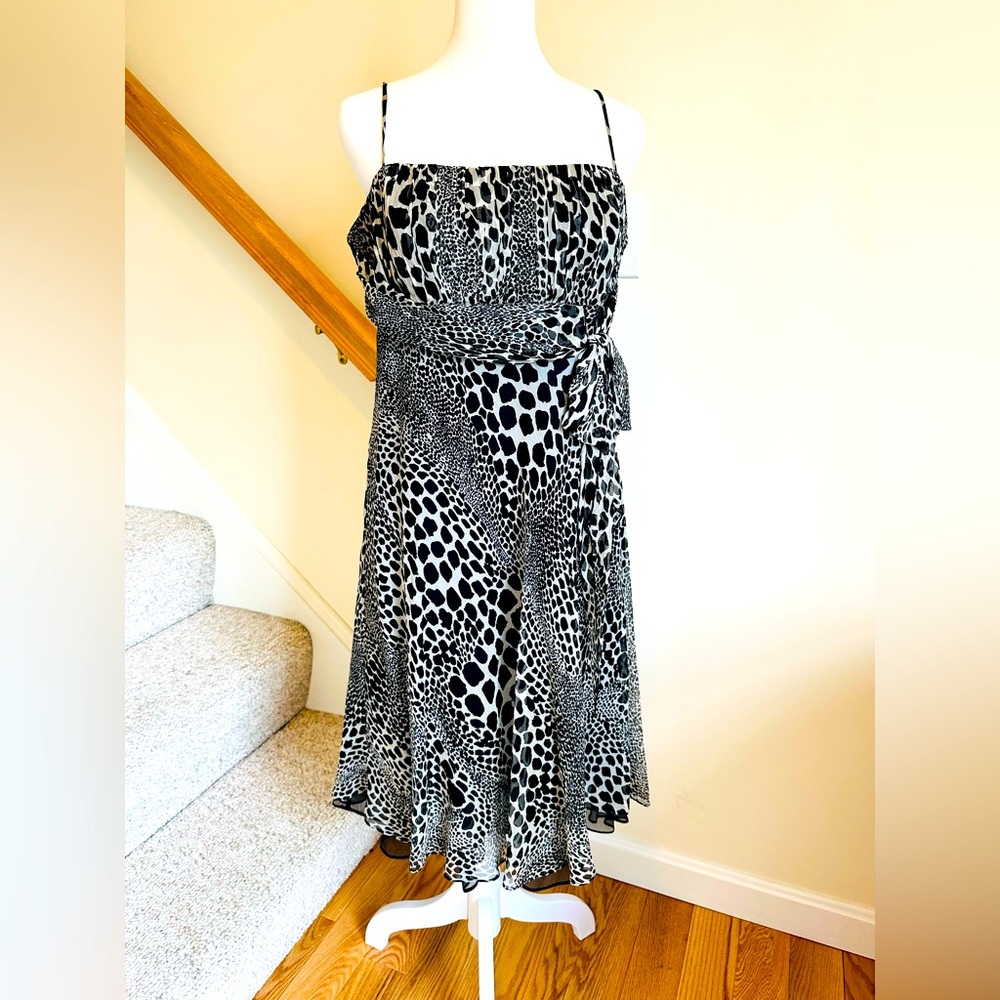 Laundry by Shelli Segal black/cream animal print, strappy, silk cocktail dress.